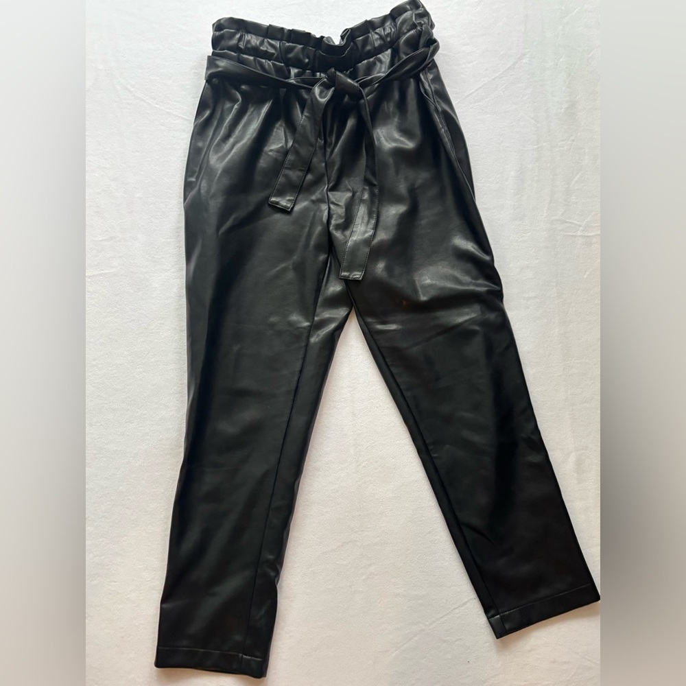 Black faux tie Leather Pants Sz S